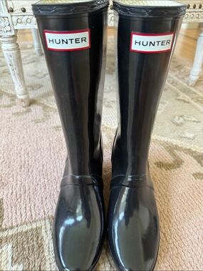 Hunter Gloss Black Tall verbier wedge Rain Boots with Red-Trim Logo